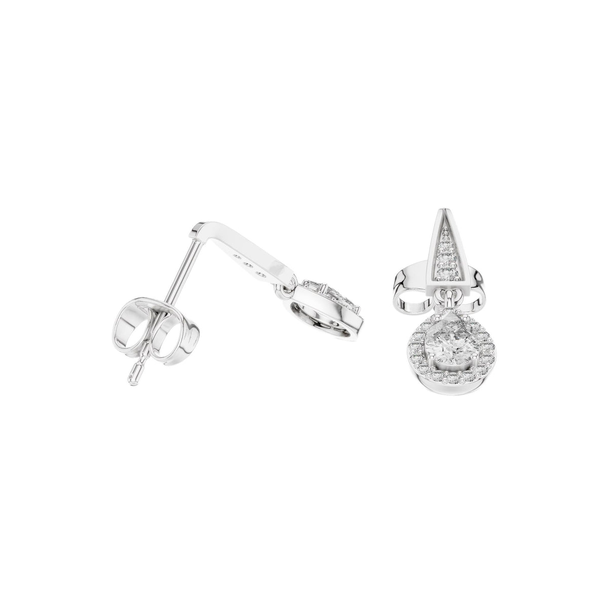 Teardrop drop earrings with oval gemstone clusters, prong-set in white metal