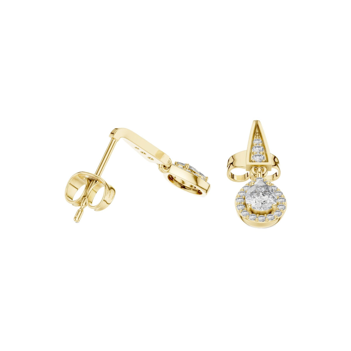 Teardrop drop earrings with oval gemstone clusters, prong-set in yellow gold