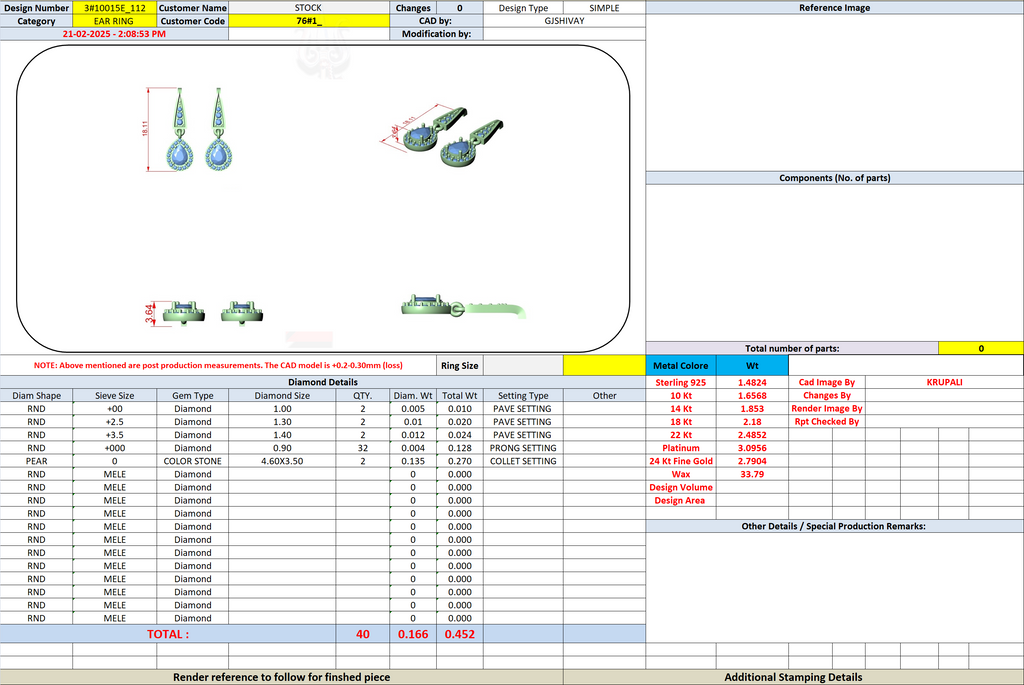 Earring design specification screenshot with component table and metal details