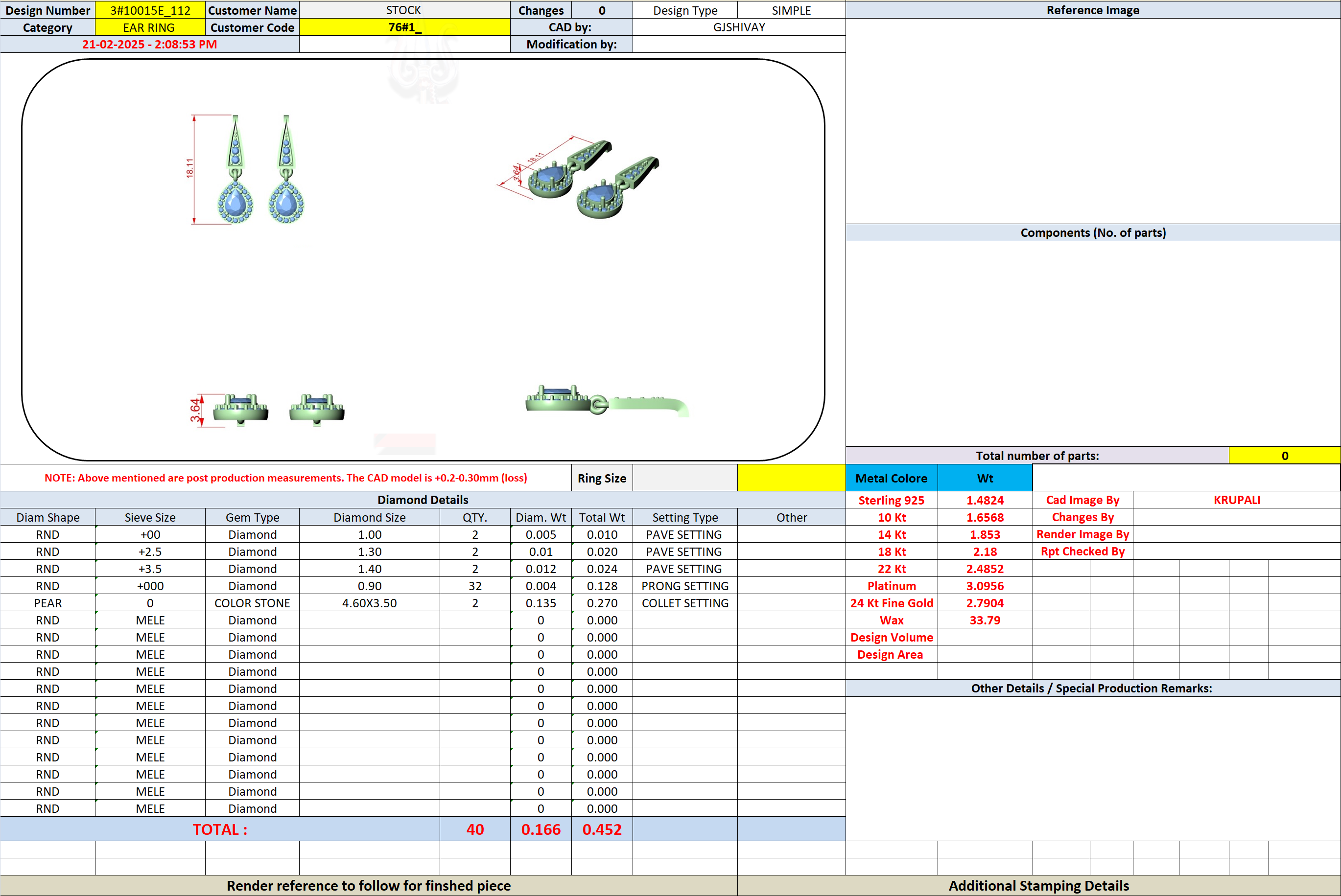 Earring design specification screenshot with component table and metal details