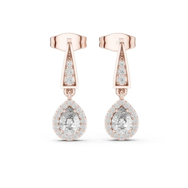 Rose gold oval drop earrings with pear-shaped crystal drops and pave centers