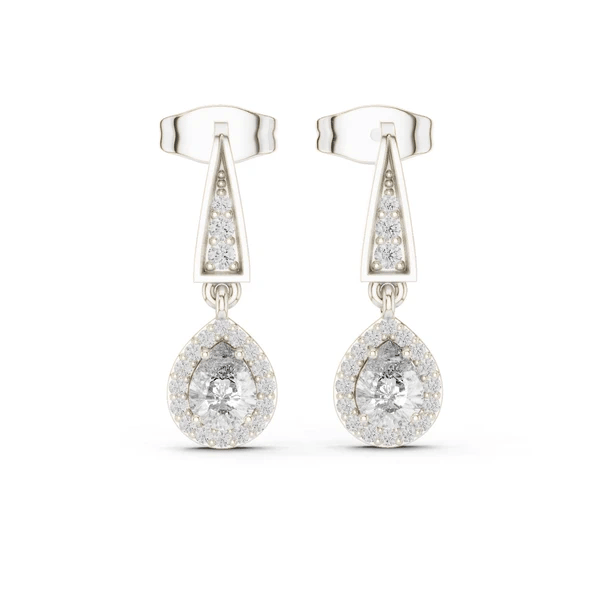White gold oval drop earrings with pear-shaped crystal drops and pave frames