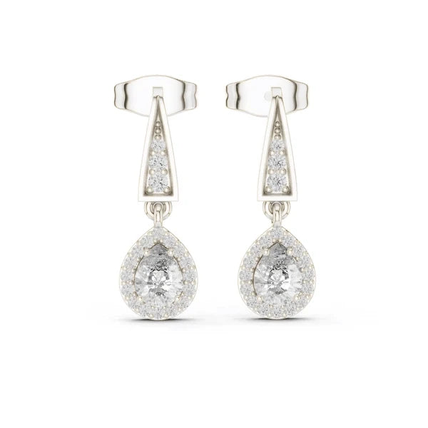 White gold oval drop earrings with pear-shaped crystal drops and pave frames
