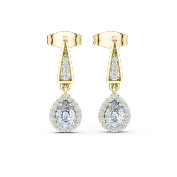 Yellow gold oval drop earrings with pear-shaped pavé and crystal clear center stone