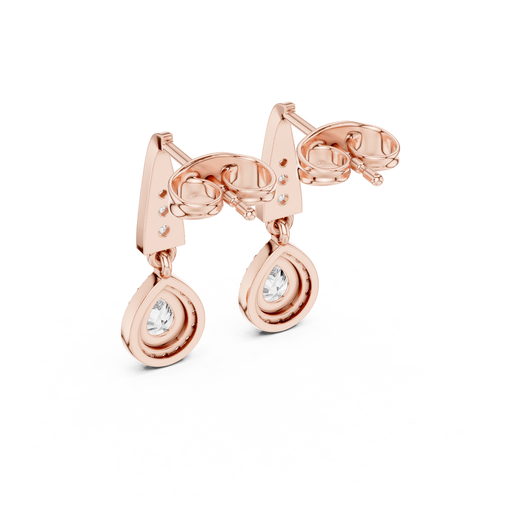 Rose gold oval drop earrings with round crystal center and halo