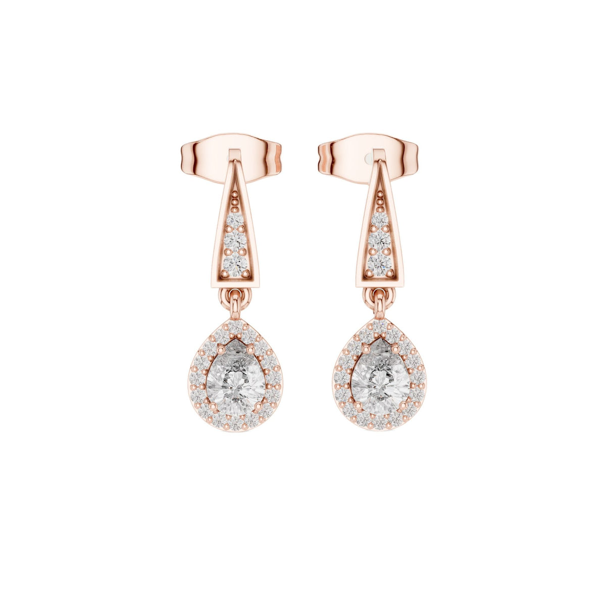 Pear-cut diamond drop earrings in rose gold with pear teardrop stones and prong details