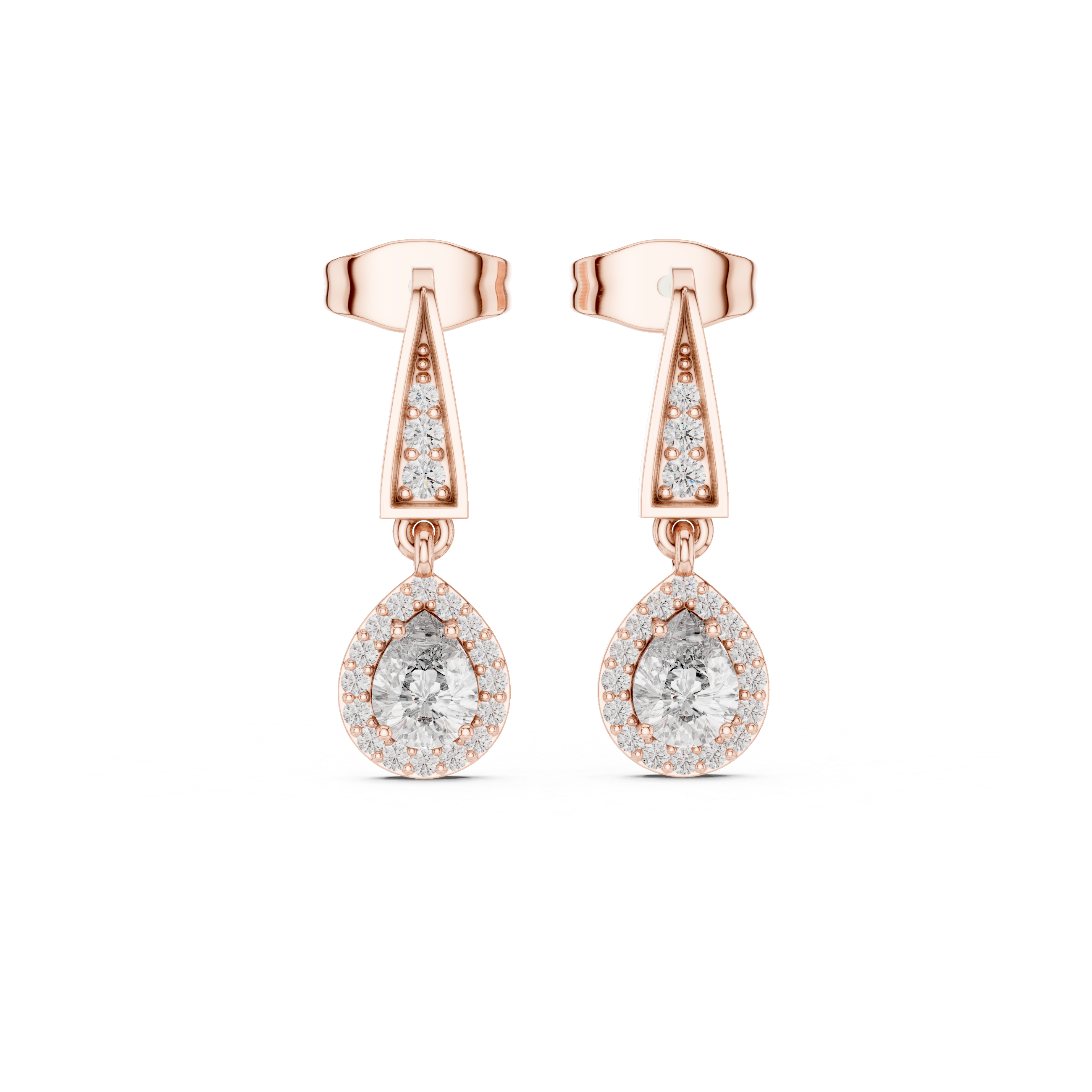 Rose gold oval drop earrings with pear-shaped crystal dangle