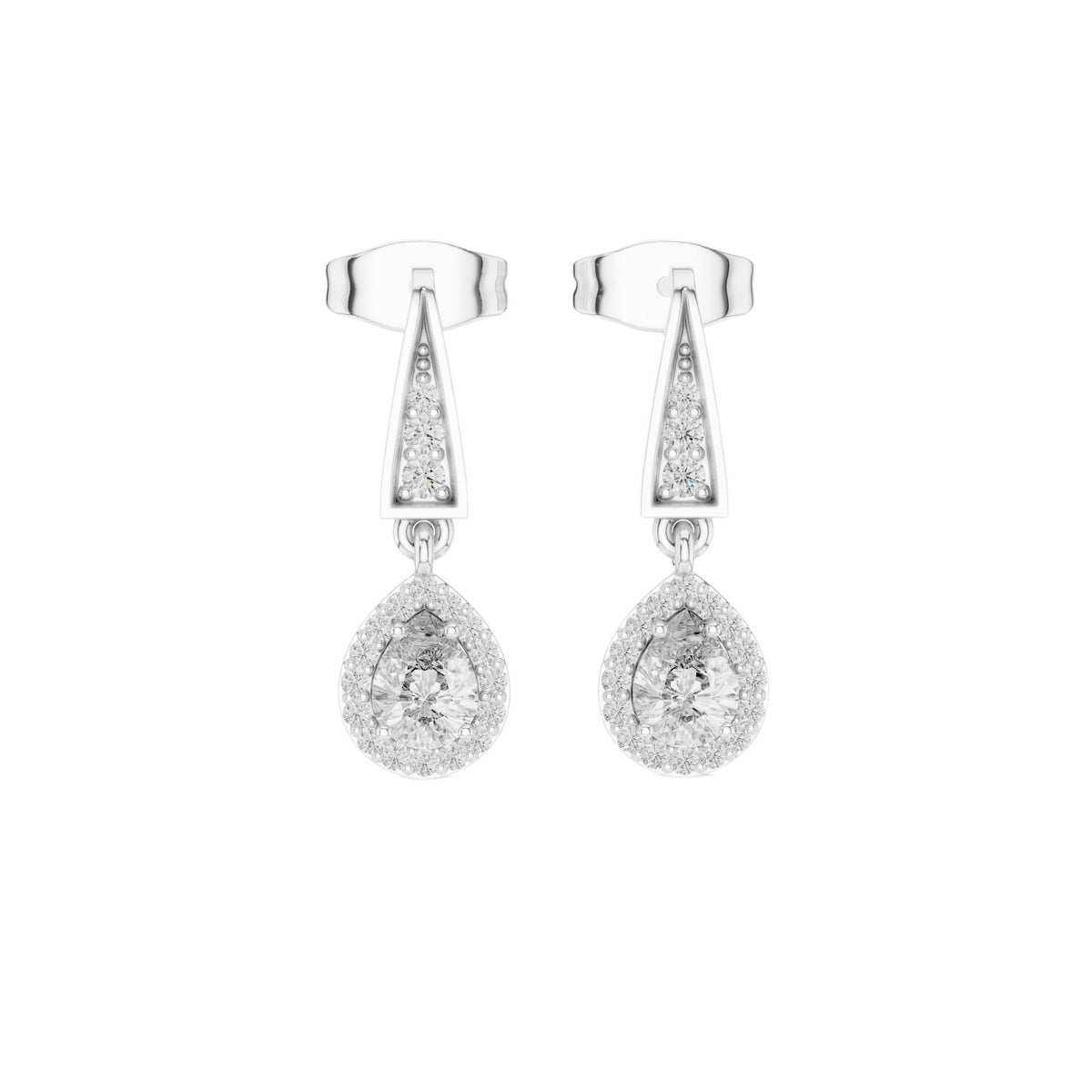 Pear-cut diamond drop earrings in white gold with pear teardrop stones and top bar detail