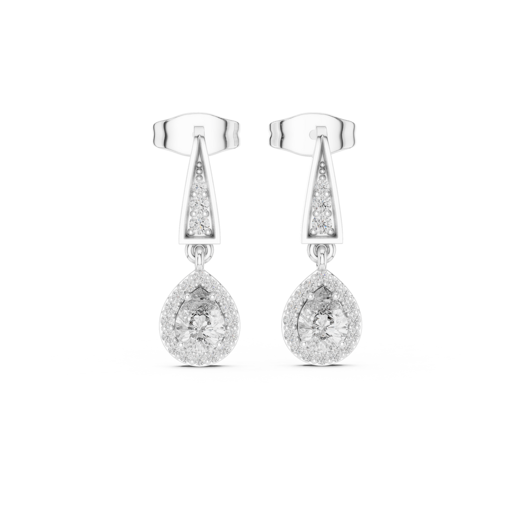 White gold oval drop earrings with teardrop crystal and halo accents