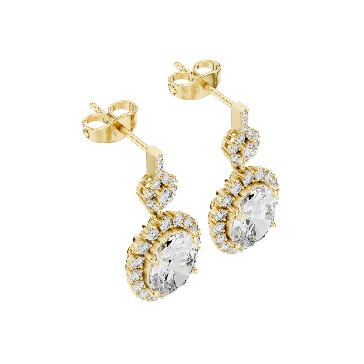 Oval diamond drop earrings in yellow gold with halo pavé accents and oval center stones
