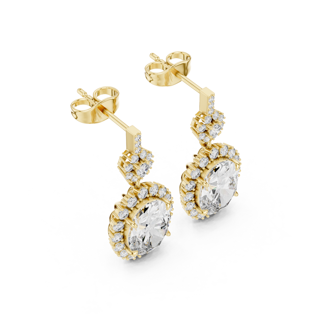 Pear-shaped gemstone drop earrings in yellow gold with halo and pavé detail