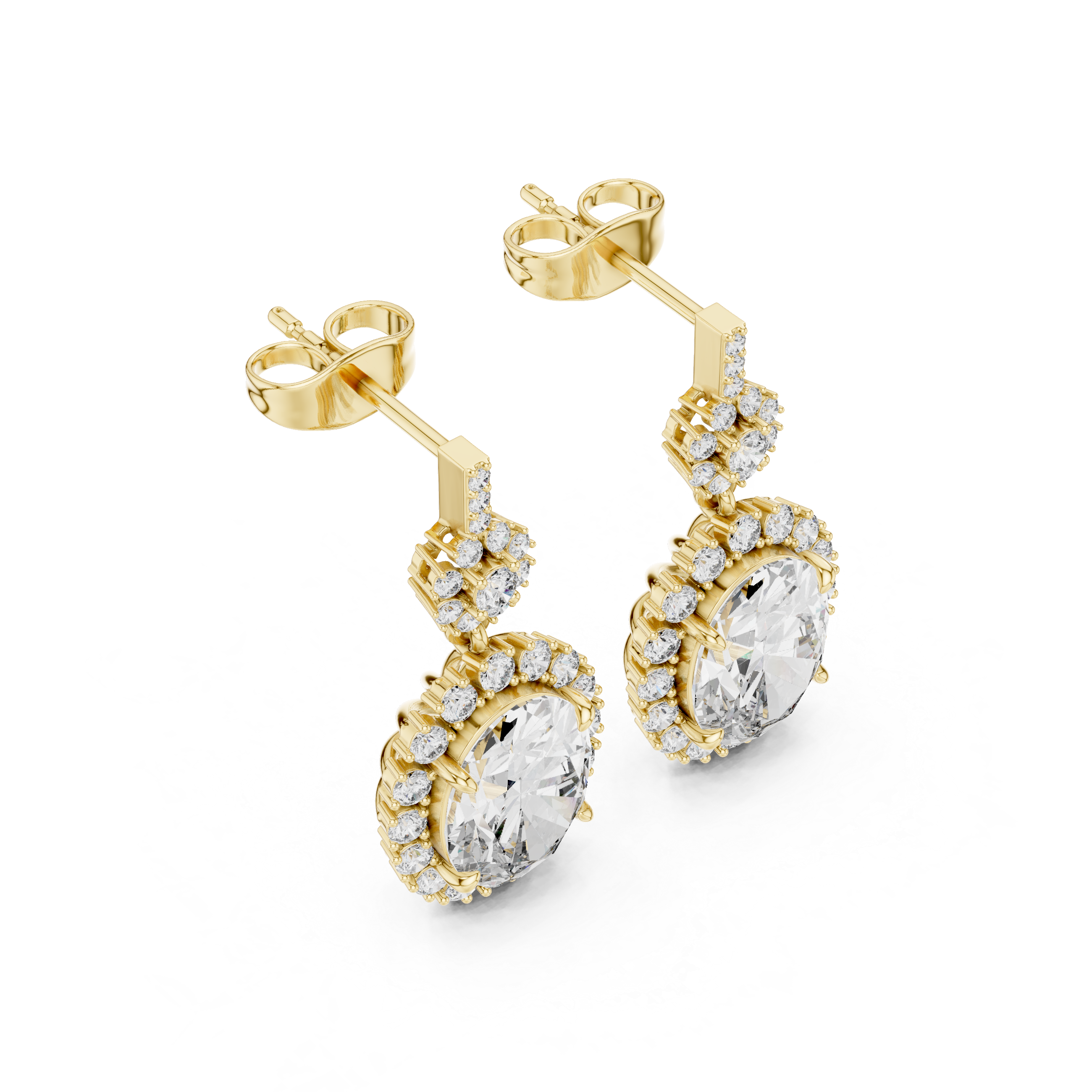 Pear-shaped gemstone drop earrings in yellow gold with halo and pavé detail
