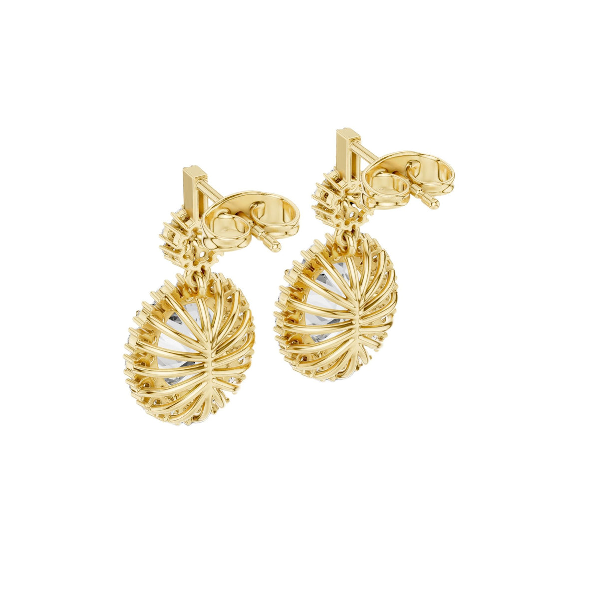 Oval diamond drop earrings in yellow gold with fan-style links and oval teardrop halo clusters