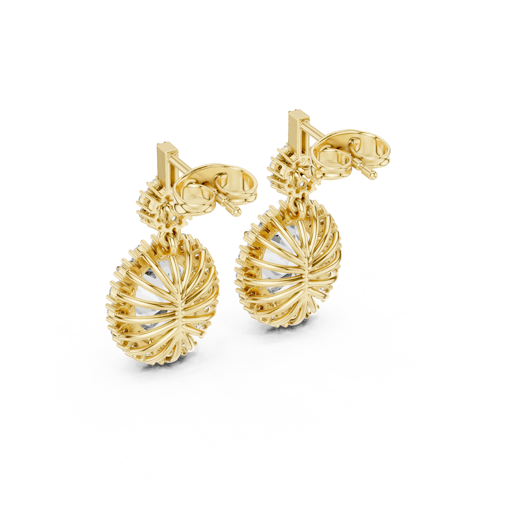 Pear-shaped fan design stud earrings in yellow gold with sparkling pavé accents