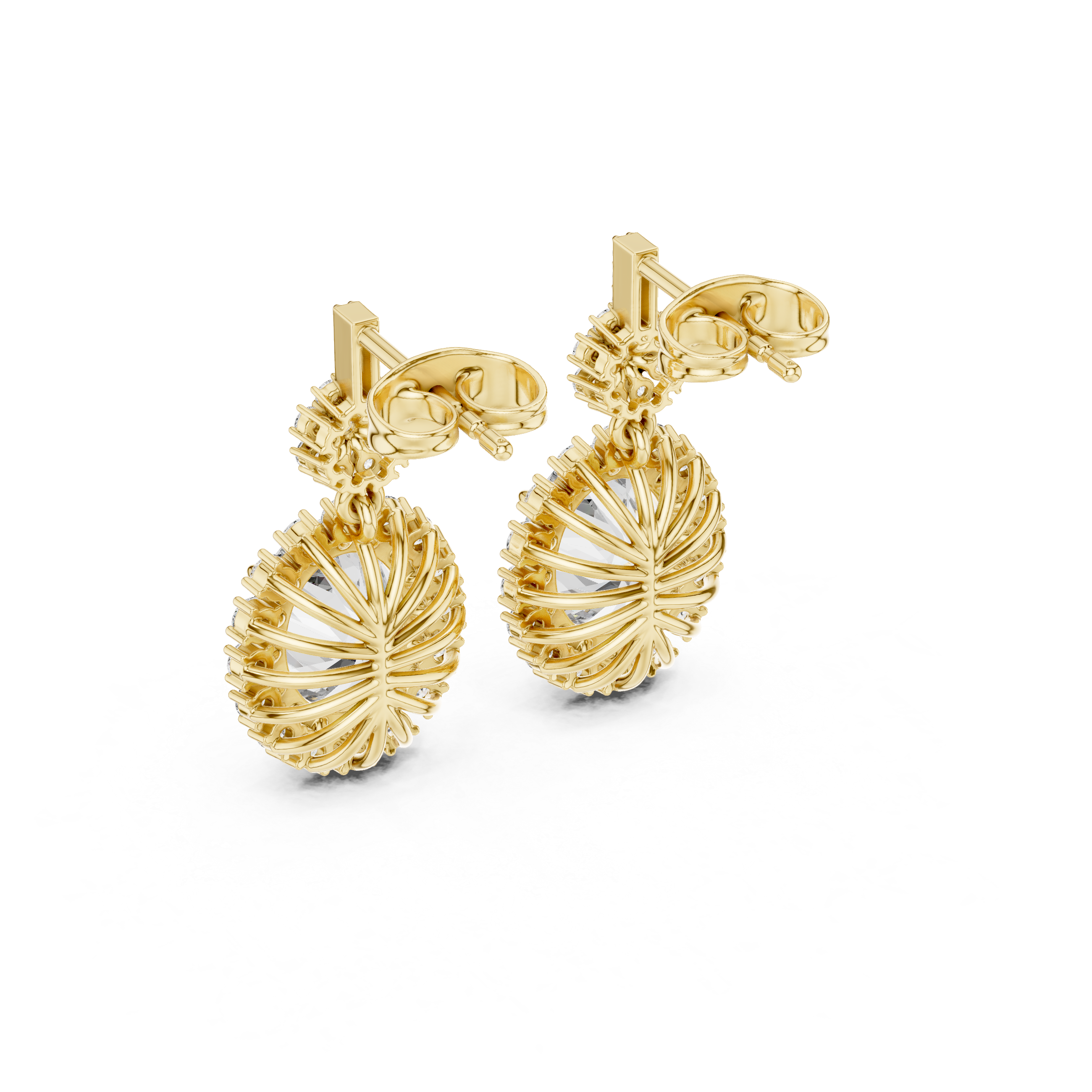Pear-shaped fan design stud earrings in yellow gold with sparkling pavé accents