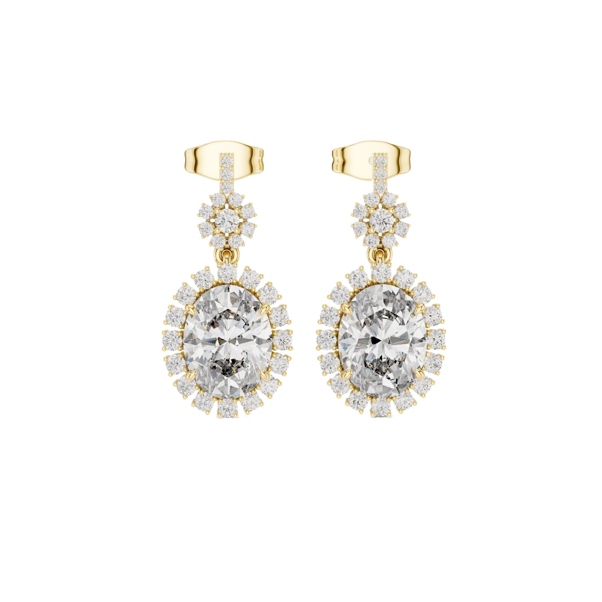 Oval diamond drop earrings in yellow gold with oval stones, halo clusters, and stud backs