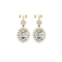 Oval diamond drop earrings in yellow gold with oval stones, halo clusters, and stud backs