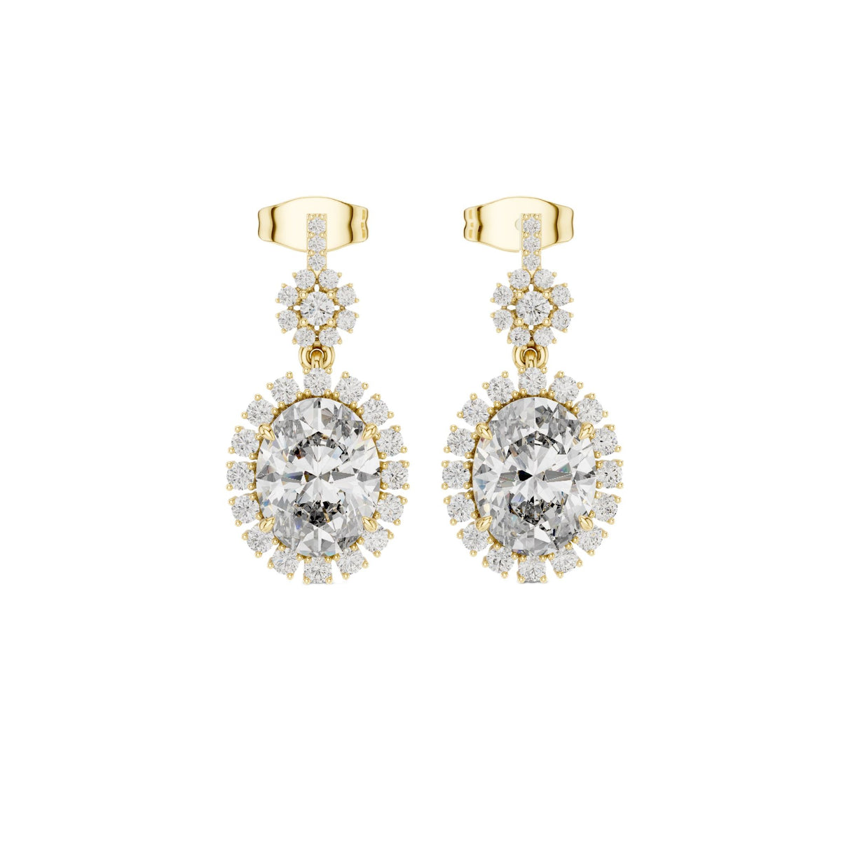 Oval diamond drop earrings in yellow gold with oval stones, halo clusters, and stud backs