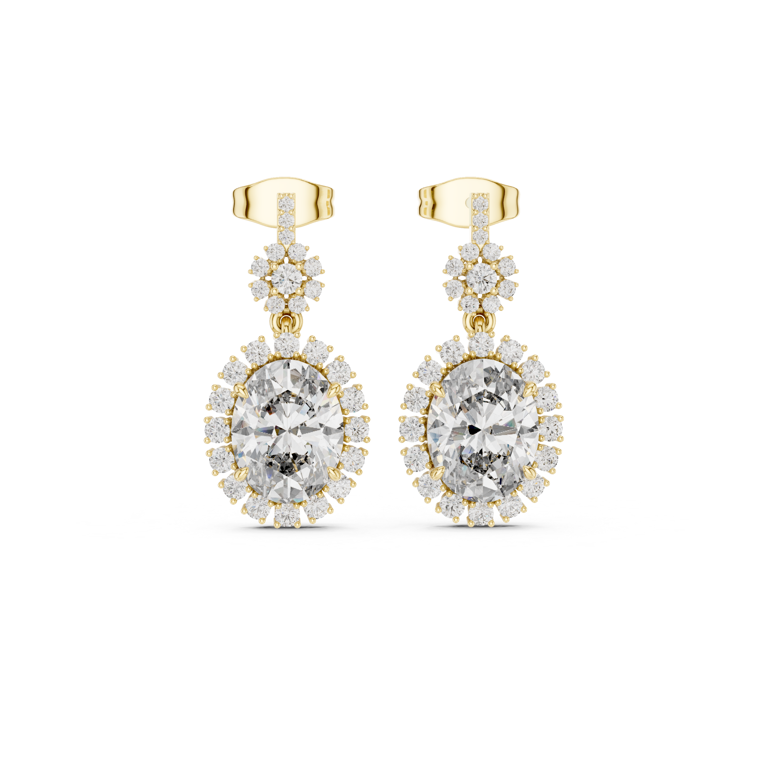 Oval diamond drop earrings in yellow gold with oval stones, halo clusters, and stud backs