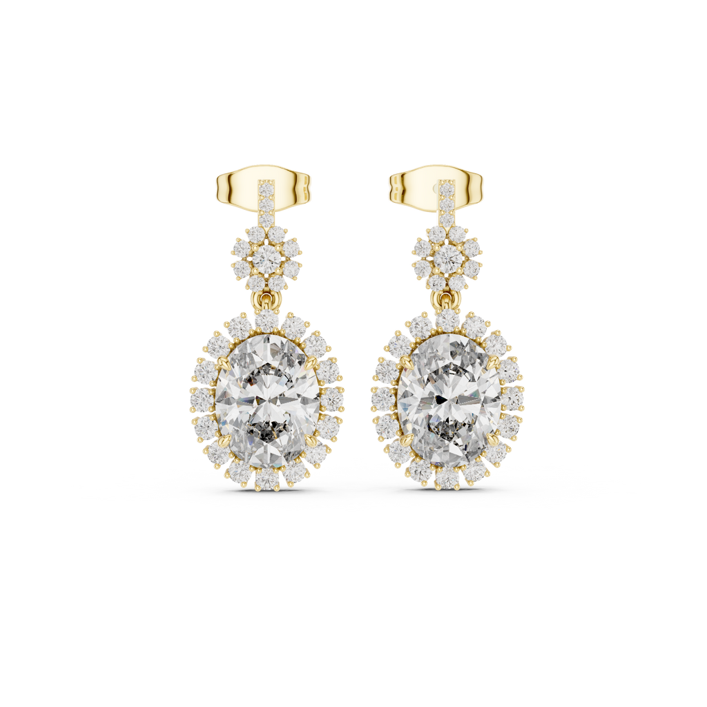 Pear-shaped gemstone drop earrings in yellow gold with pavé halo and stud tops