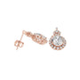 Rose gold oval diamond drop earrings with pavé halo and oval center stone detail