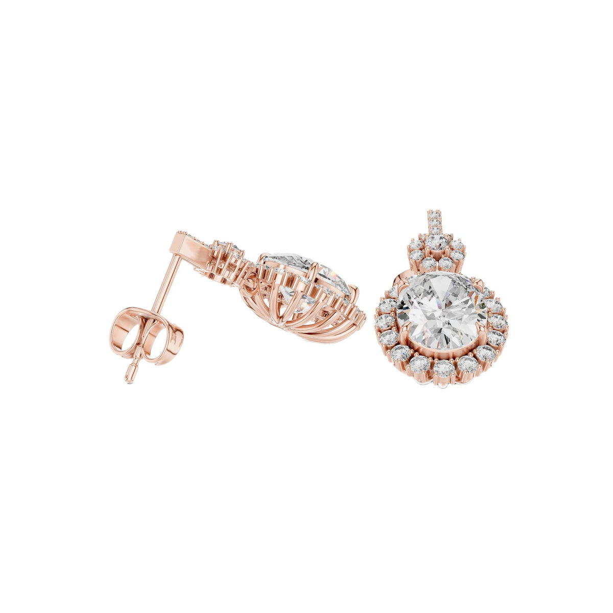 Rose gold oval diamond drop earrings with pavé halo and oval center stone detail