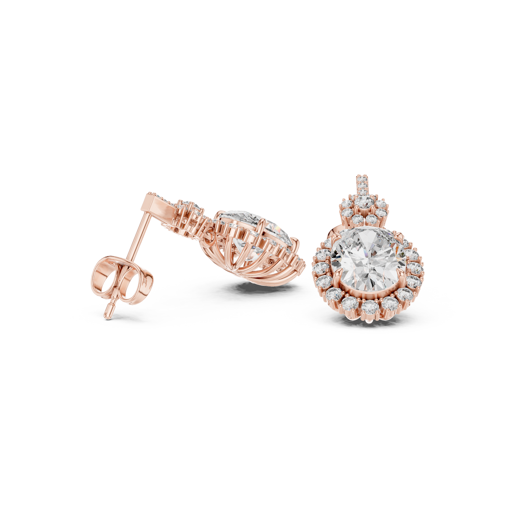 Rose gold pear-shaped gemstone drop earrings with halo and pavé cluster detail