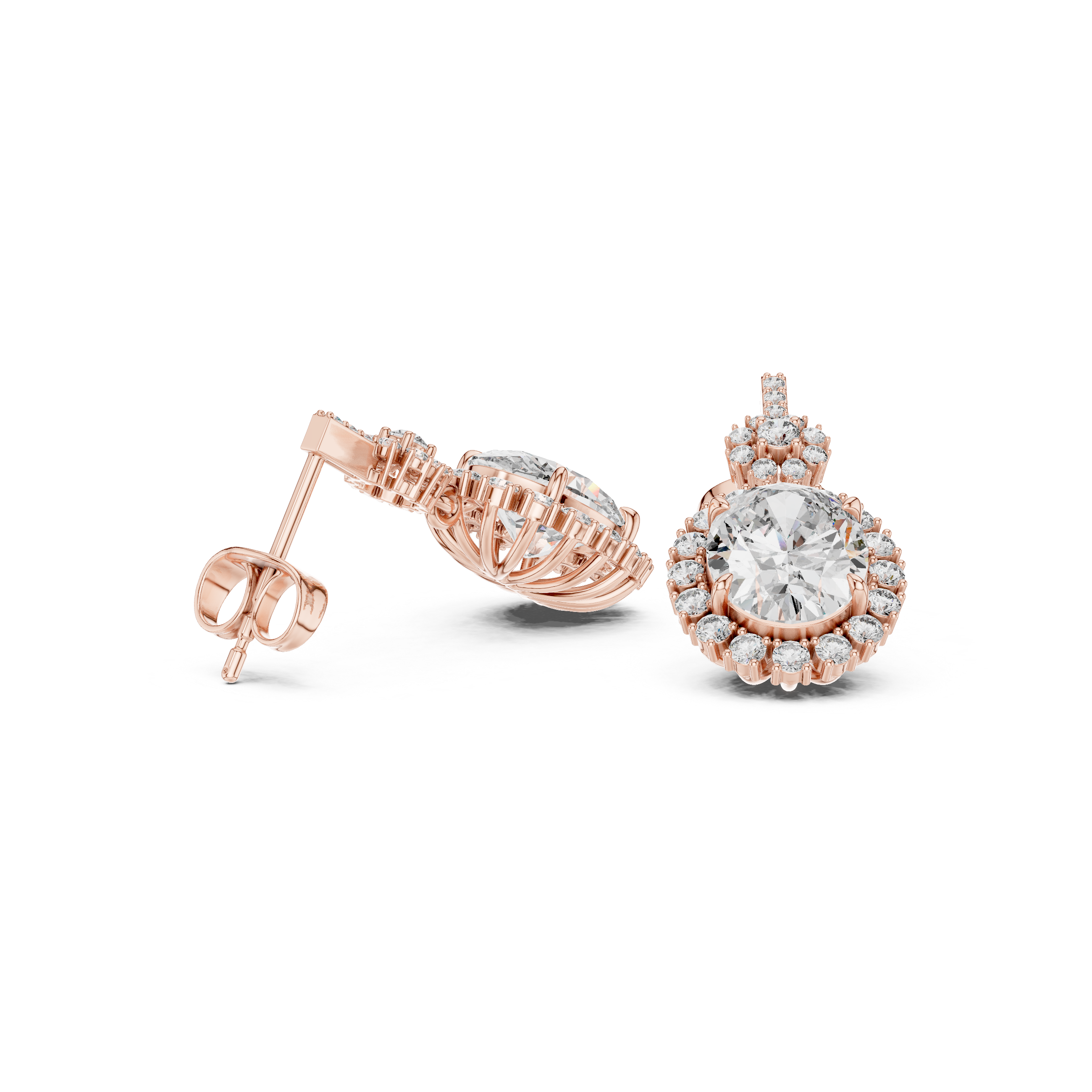 Rose gold pear-shaped gemstone drop earrings with halo and pavé cluster detail