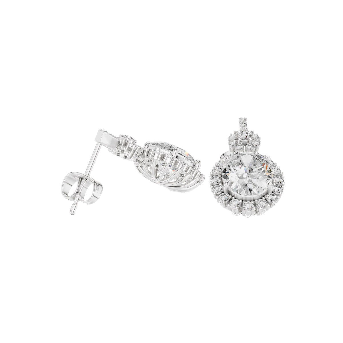 Silver-tone halo stud earrings with round center gemstone and pavé border