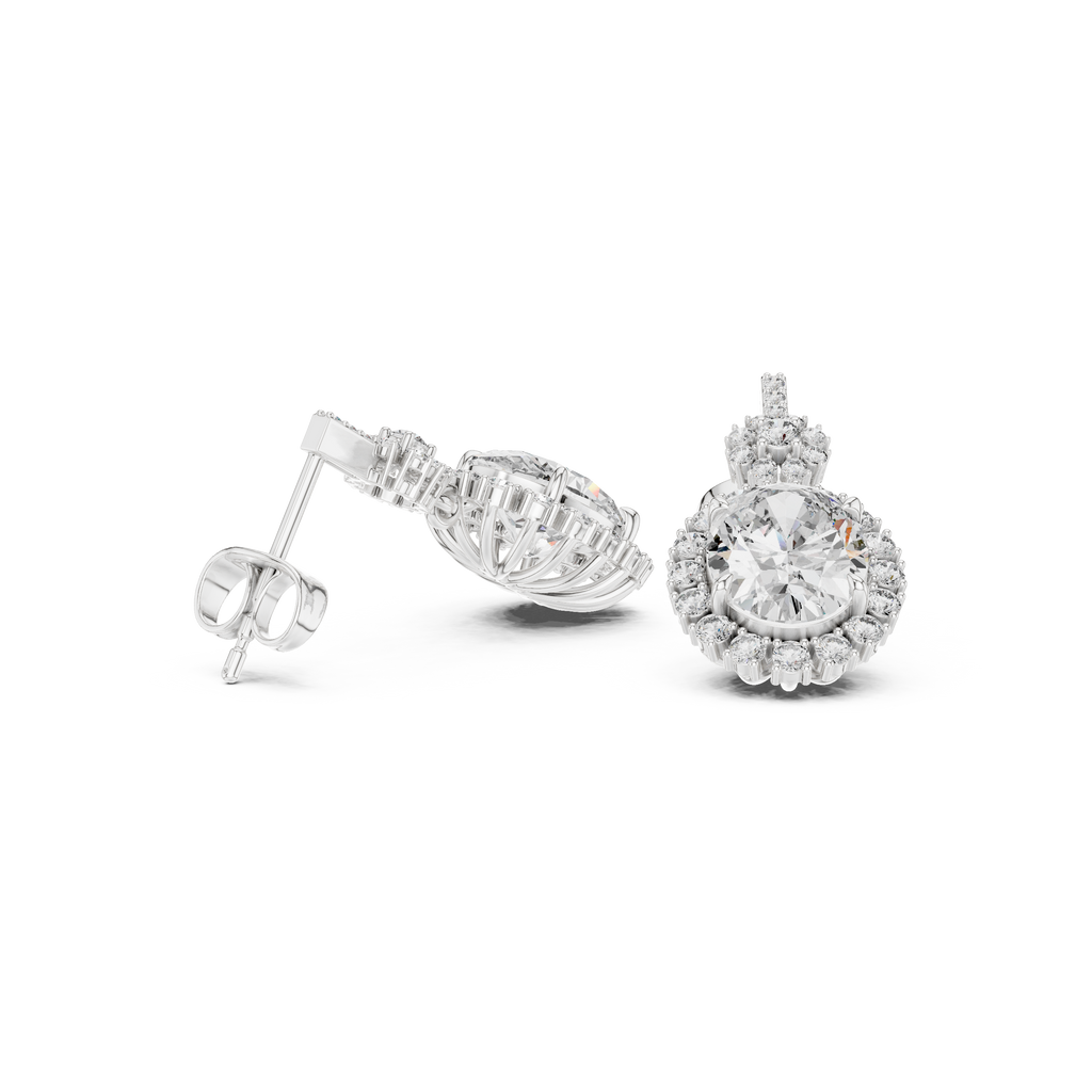 Silver-tone halo stud earrings with round center gemstone and pavé border