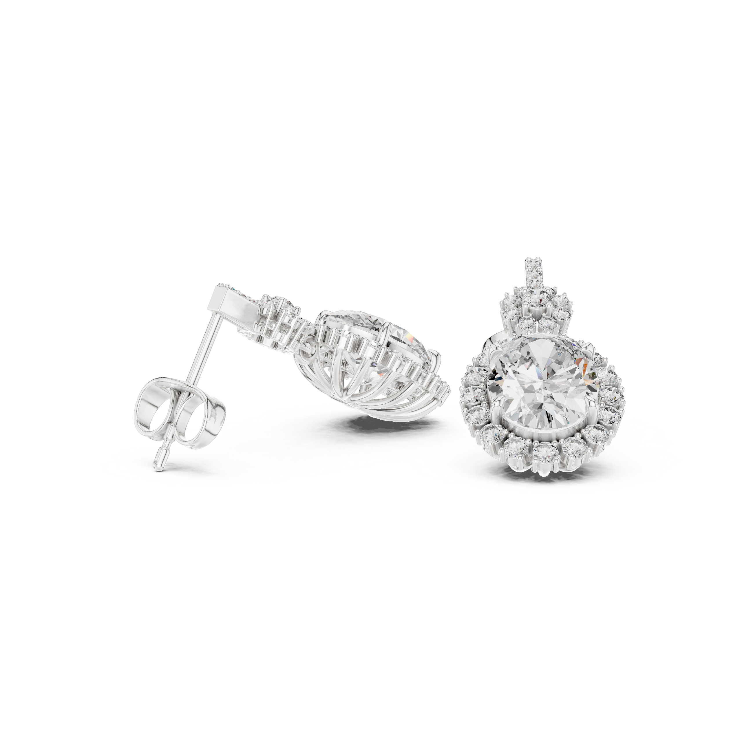 Silver-tone halo stud earrings with round center gemstone and pavé border