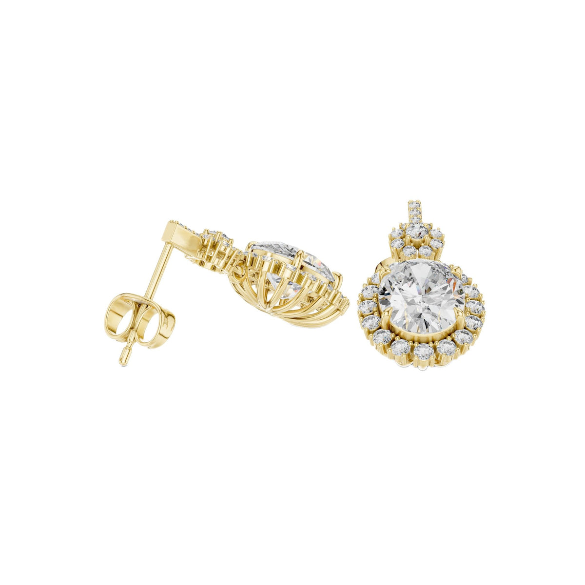 Gold-tone halo stud earrings with round center gemstone and pavé border