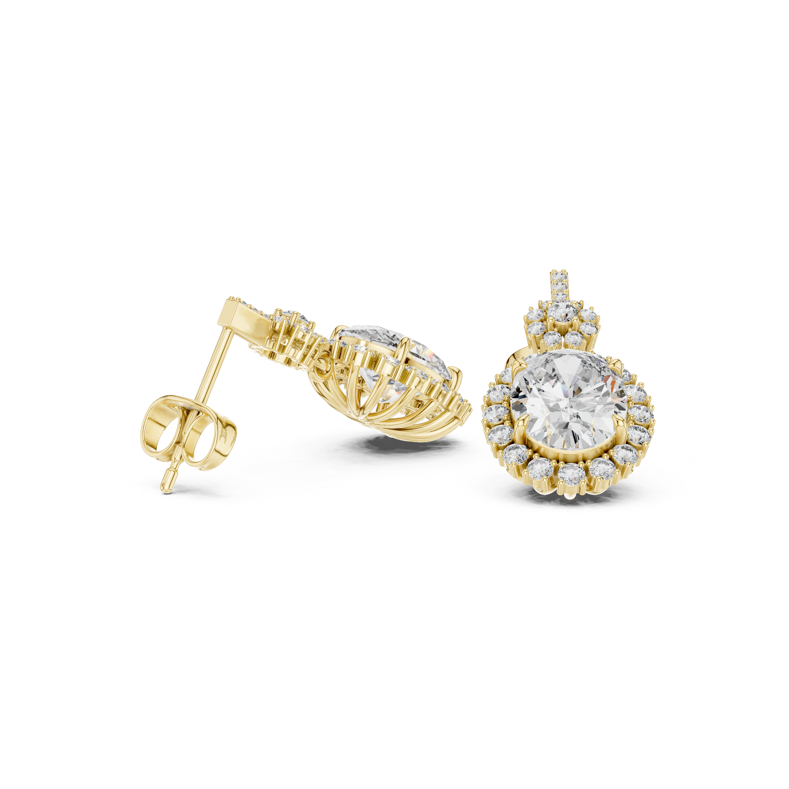 Gold-tone halo stud earrings with round center gemstone and pavé border