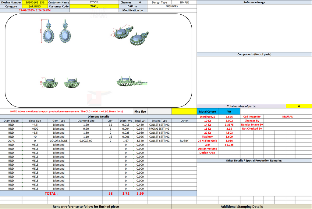 Gemstone halo stud earring diagram with blue stones and measurements