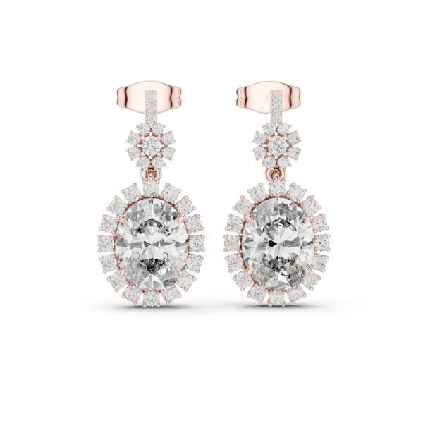 Rose gold-tone drop earrings with round halo stone and pavé dangling clusters