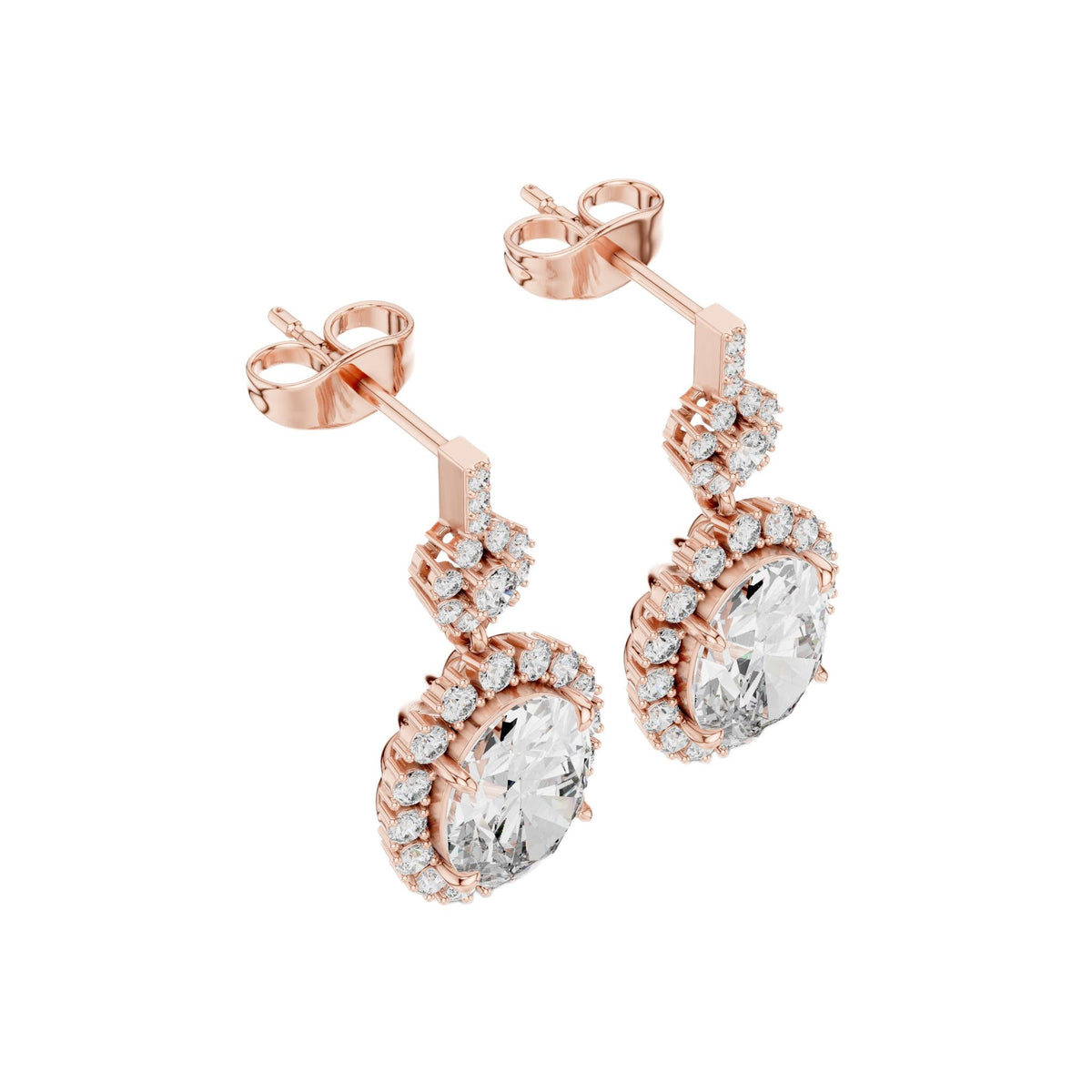 Oval diamond drop earrings in rose gold with halo pavé accents and oval center stones
