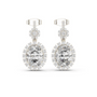 White gold-tone drop earrings with round halo center stone and pavé dangling clusters