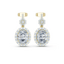 Yellow gold diamond halo statement earrings with large round center stone and teardrop drops