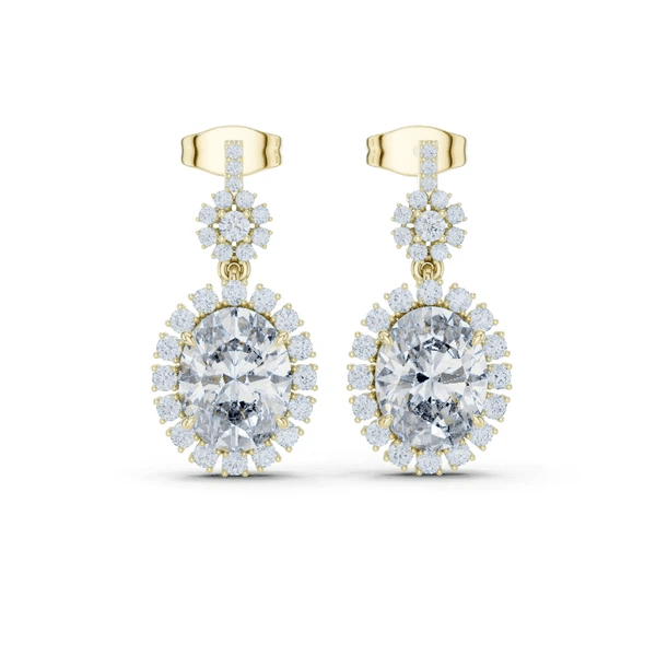 Round diamond drop earrings with large center stones and halo accents in gold