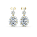 Yellow gold diamond halo statement earrings with large round center stone and teardrop drops