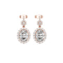 Oval diamond drop earrings in rose gold with oval stones, halo clusters, and stud backs