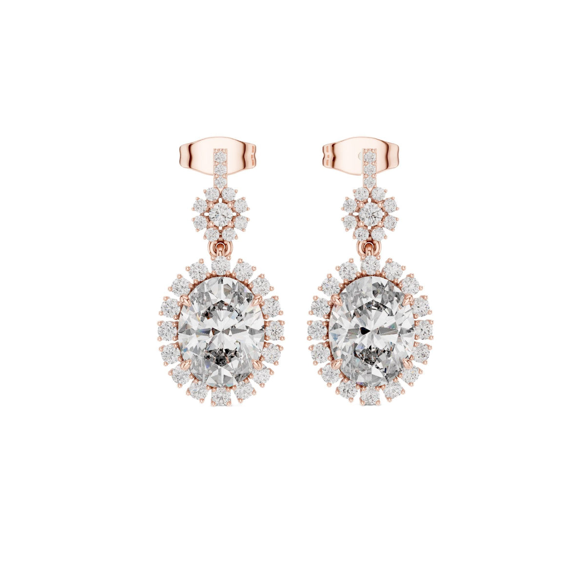 Oval diamond drop earrings in rose gold with oval stones, halo clusters, and stud backs