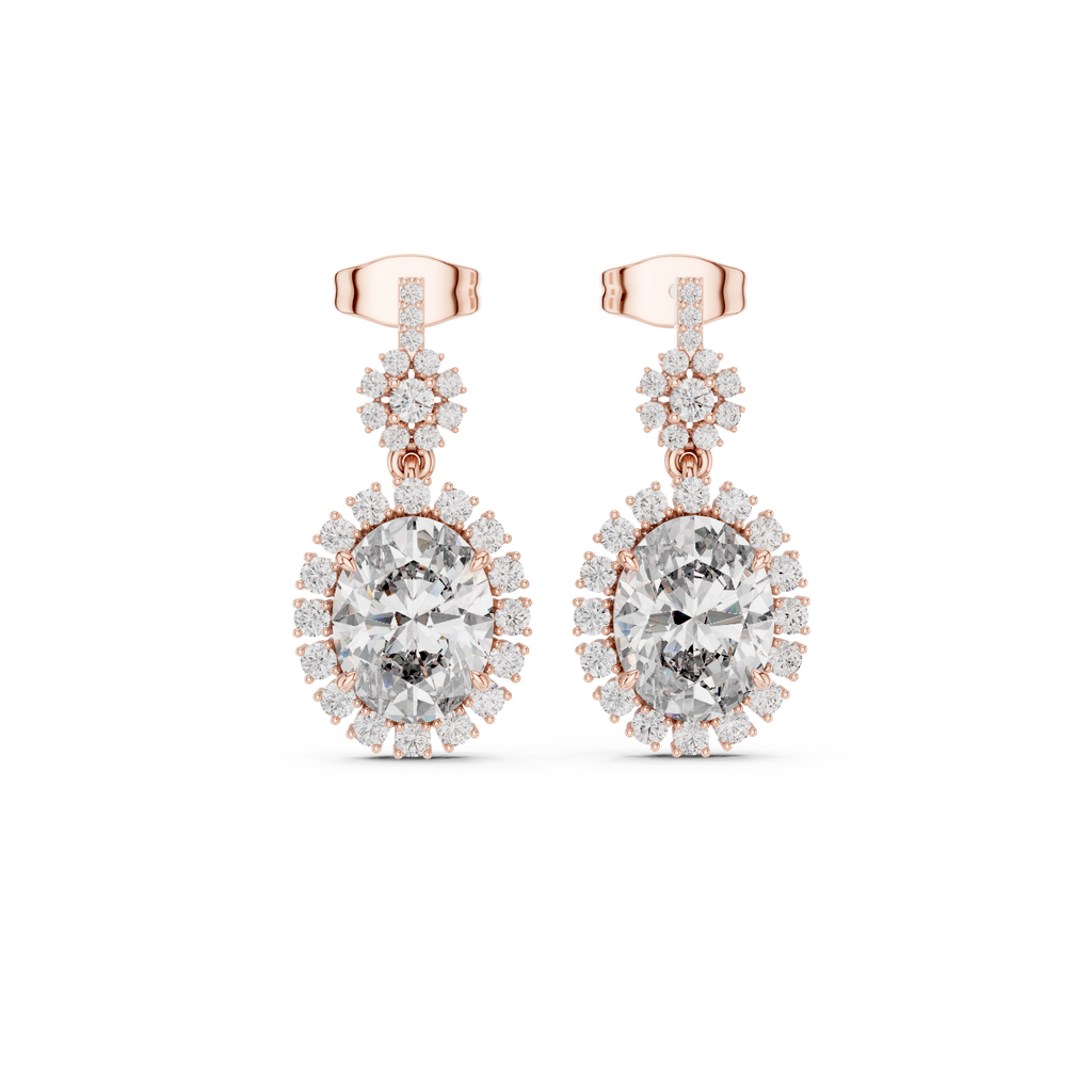 Pear-shaped gemstone drop earrings in rose gold with pavé halo and stud tops