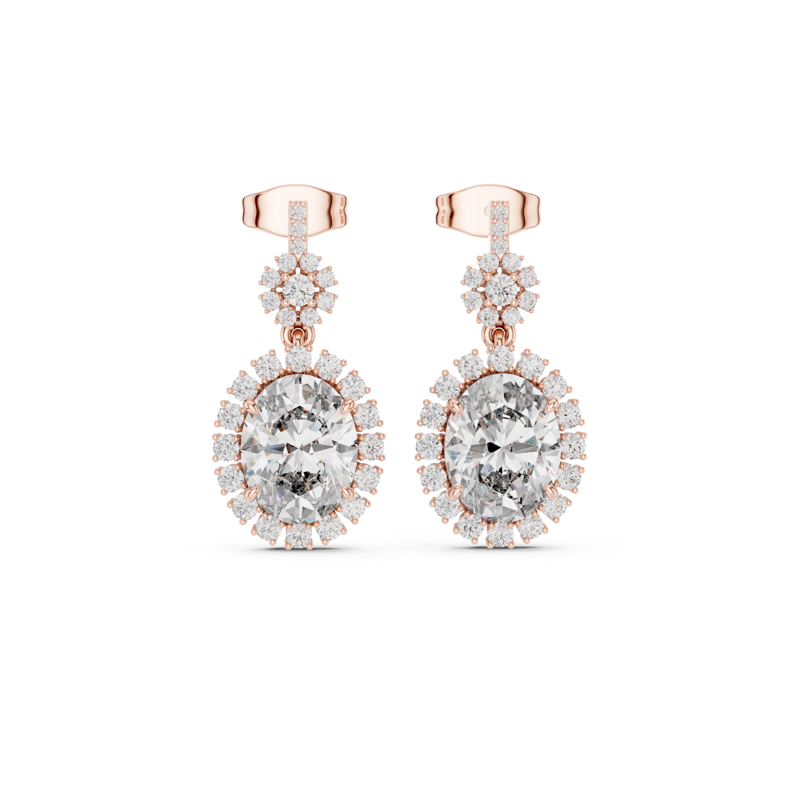 Pear-shaped gemstone drop earrings in rose gold with pavé halo and stud tops