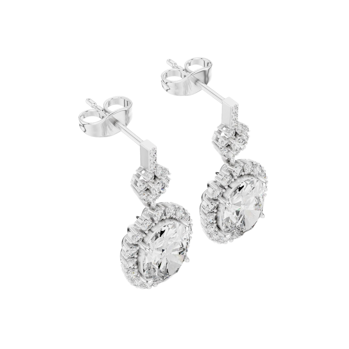 Oval diamond drop earrings in platinum with halo pavé accents and oval center stones
