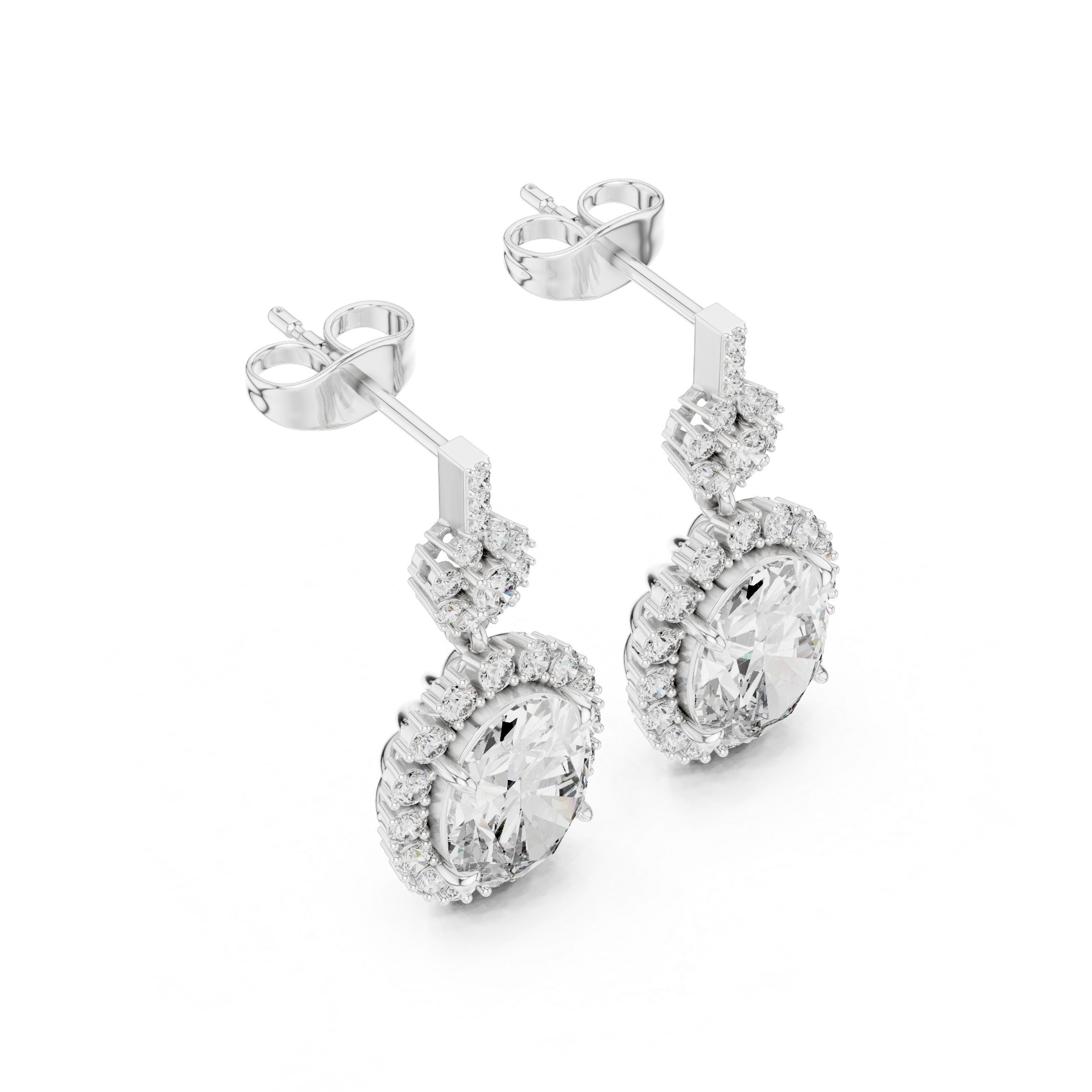 Pear-shaped gemstone drop earrings in platinum with halo and pavé detail