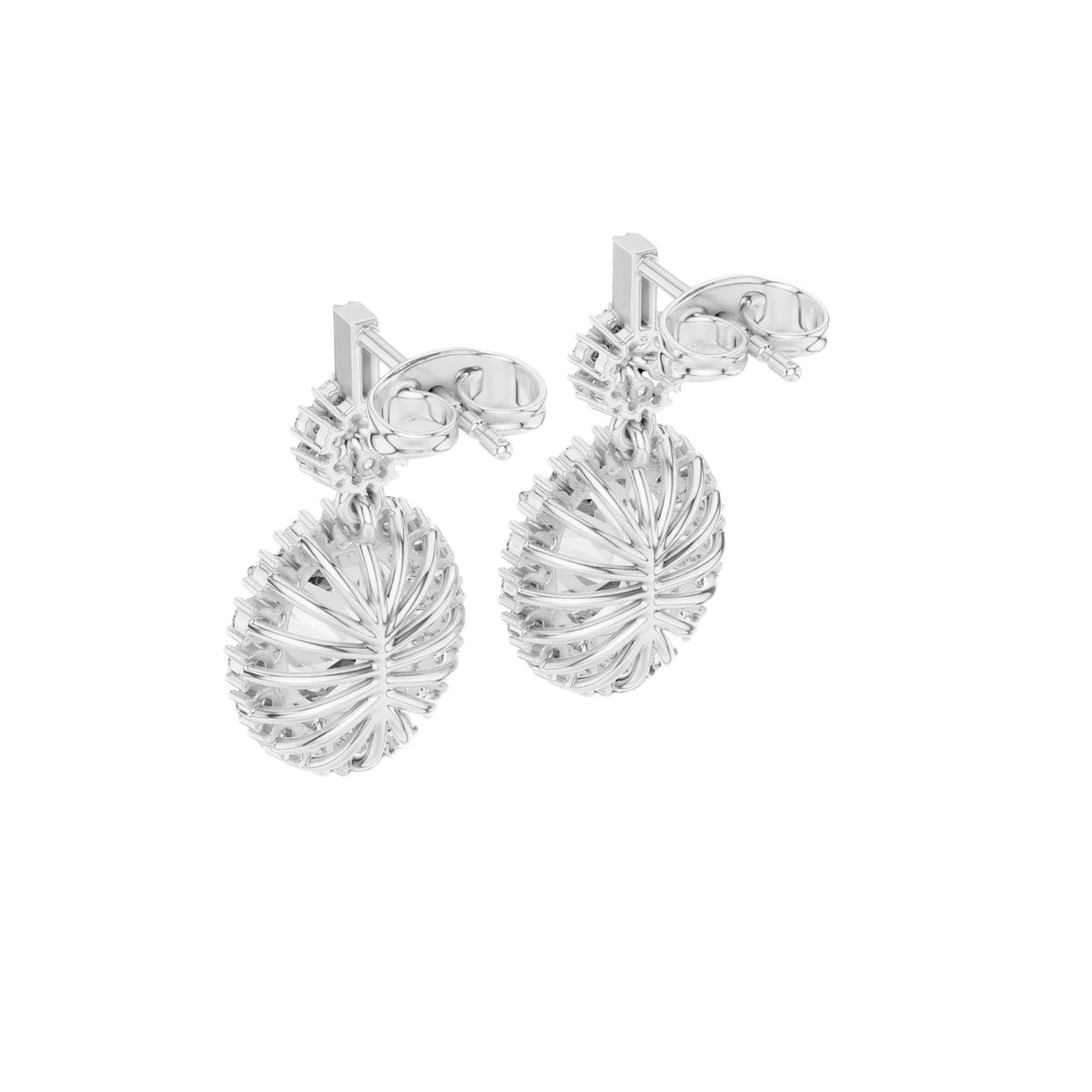 Oval diamond drop earrings in platinum with fan-style links and oval teardrop halo clusters