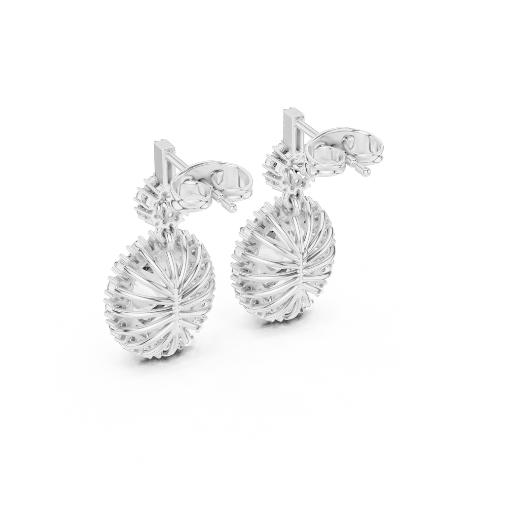 Pear-shaped fan design stud earrings in platinum with sparkling pavé accents