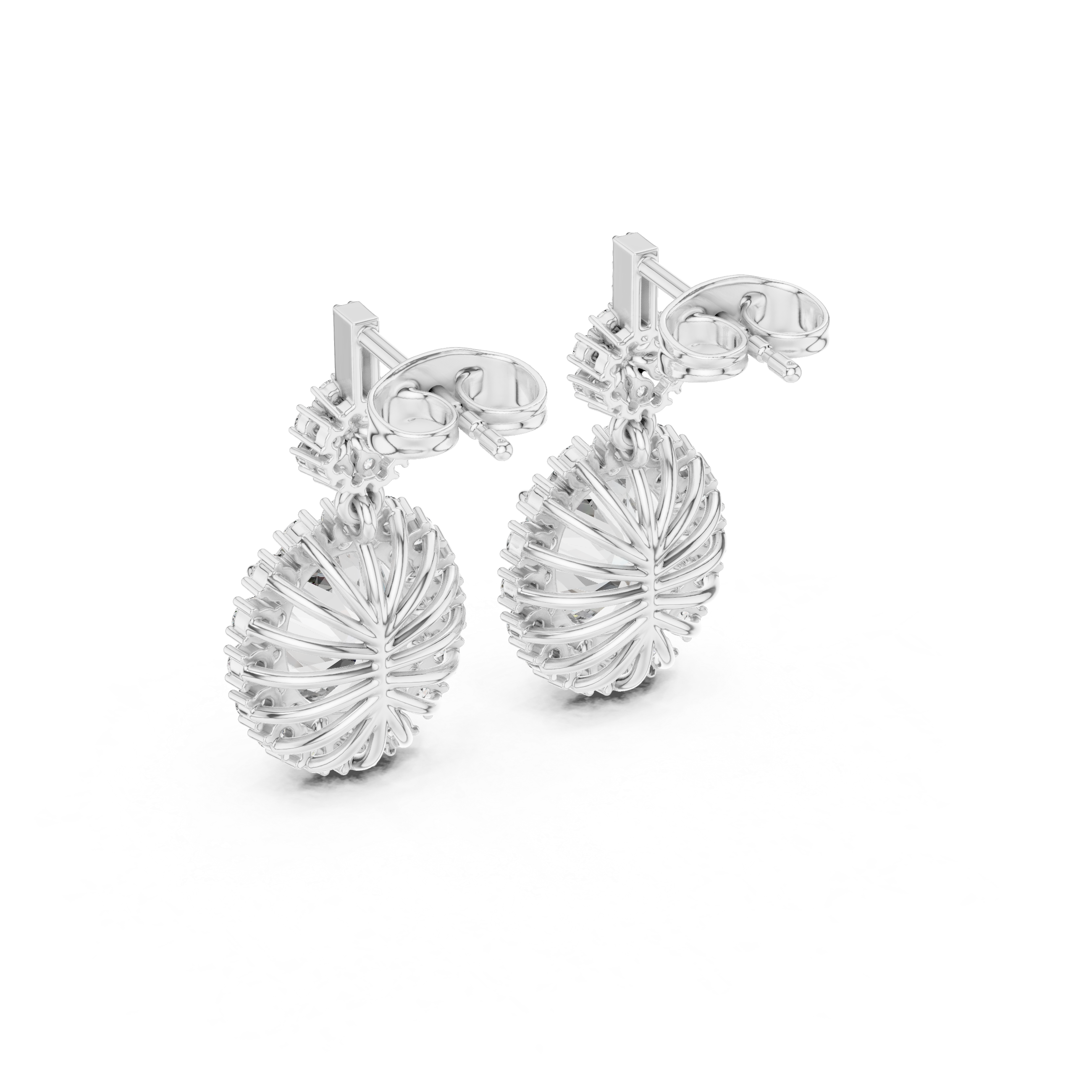 Pear-shaped fan design stud earrings in platinum with sparkling pavé accents