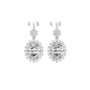 Oval diamond drop earrings in platinum with oval stones, halo clusters, and stud backs